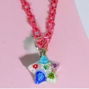 Vintage Patchwork Star Charm Pink Necklace Coquette Dollette Nostalgiacore